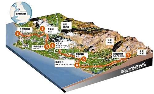 槍殺案示意圖，槍手在若干個(gè)地方向不同的人開槍
