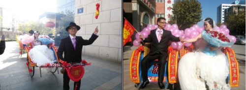他拉車，她坐車，一路風(fēng)景終身難忘。圖片來源：揚(yáng)子晚報(bào)